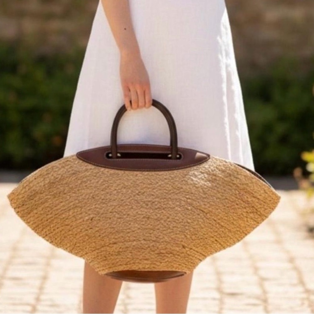 cult gaia Wonda Straw Fan Tote with Dark Brown Leather Trim